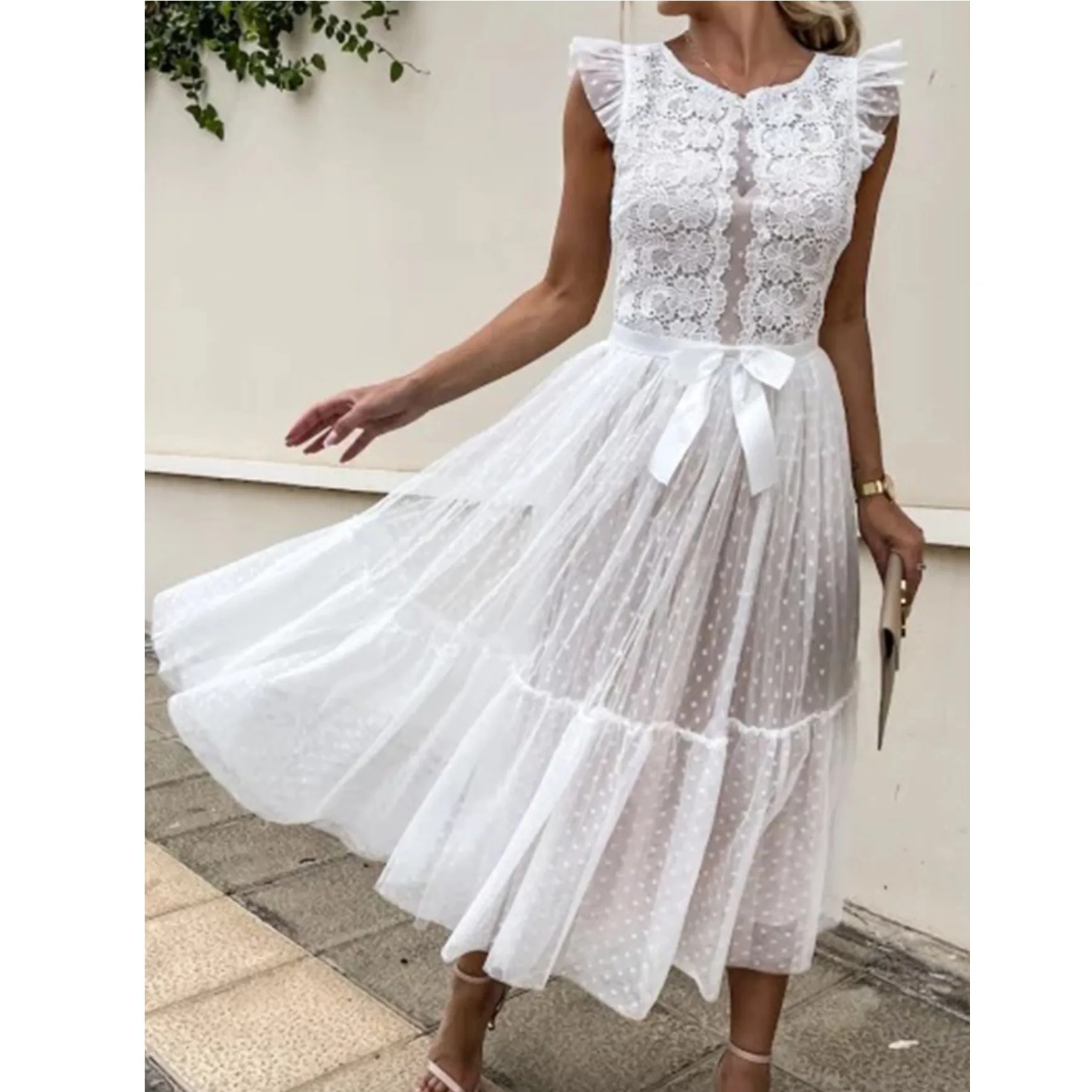 

Women Sexy Embroidery Flower Crochet Lace Dress Spring O Neck Ruffle Sleeve Boho Dresses Summer Backless Button Mesh Party Dress
