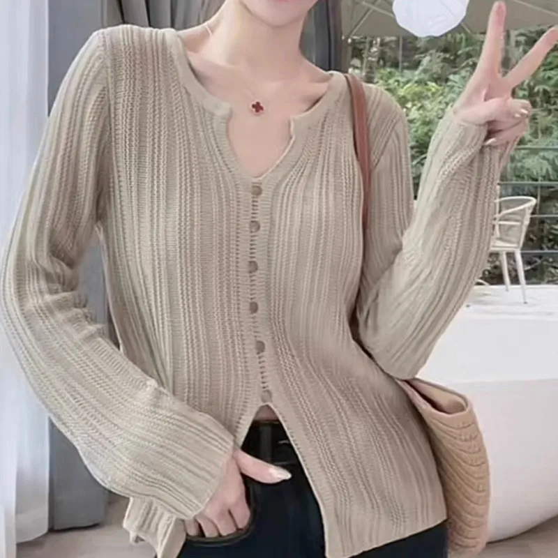 

Women Sweater Autumn 2023 New Korean Fashion V-neck Knitted Tops Split Button Pullover Long Sleeve Slim Fit Solid Clothes 29198