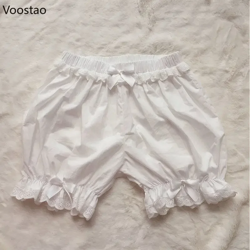 White Ruffles Knickers Women Kawaii Panties Cute Lace Bow Lolita Safety Shorts Pants Girl Elastic Vintage Victorian JK Bloomers