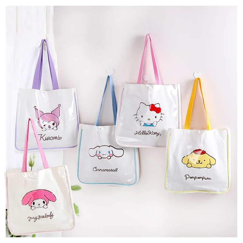 

Pink Sanrioed Kawaii Cartoon Embroidery PVC Canvas Bag My Melody Cinnamoroll Kuromi Purin Dog Anime Large Capacity Bag Cute Gift