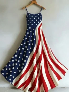 Plus Size Women's Long Spaghetti Strap A-Line Maxi Dress, Classic American Flag Star And Stripe Patchwork Print, Fitted High Waist & Large Swing Hem, V-Neck Cami Style, Perfect For Dating, Afternoon Tea, Vacation, Daily Summer Wear, Lightweight Quick-Dry