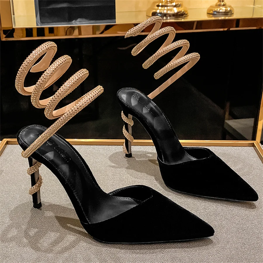 

Serpentine Winding Crystal Women Pumps Sexy Pointed Toe High Heels Summer Gladiator Sandals Designer Ladies Dress Shoes