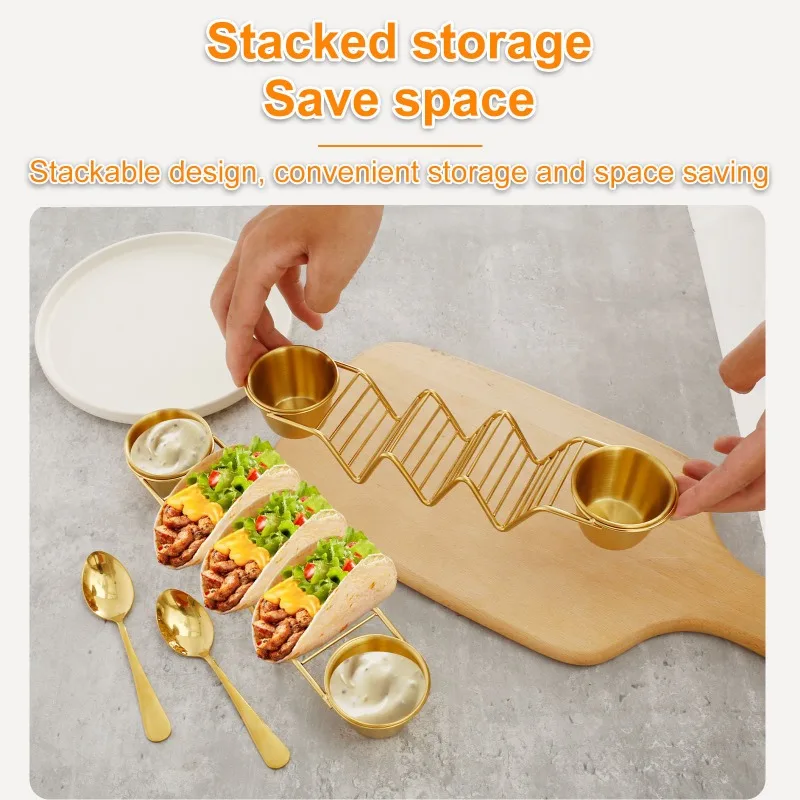 Stainless Steel Taco Stand Set with Detachable Sauce Cups, Spoon, and Condiment Holders Rust-Resistant Food Rack for Kitchen