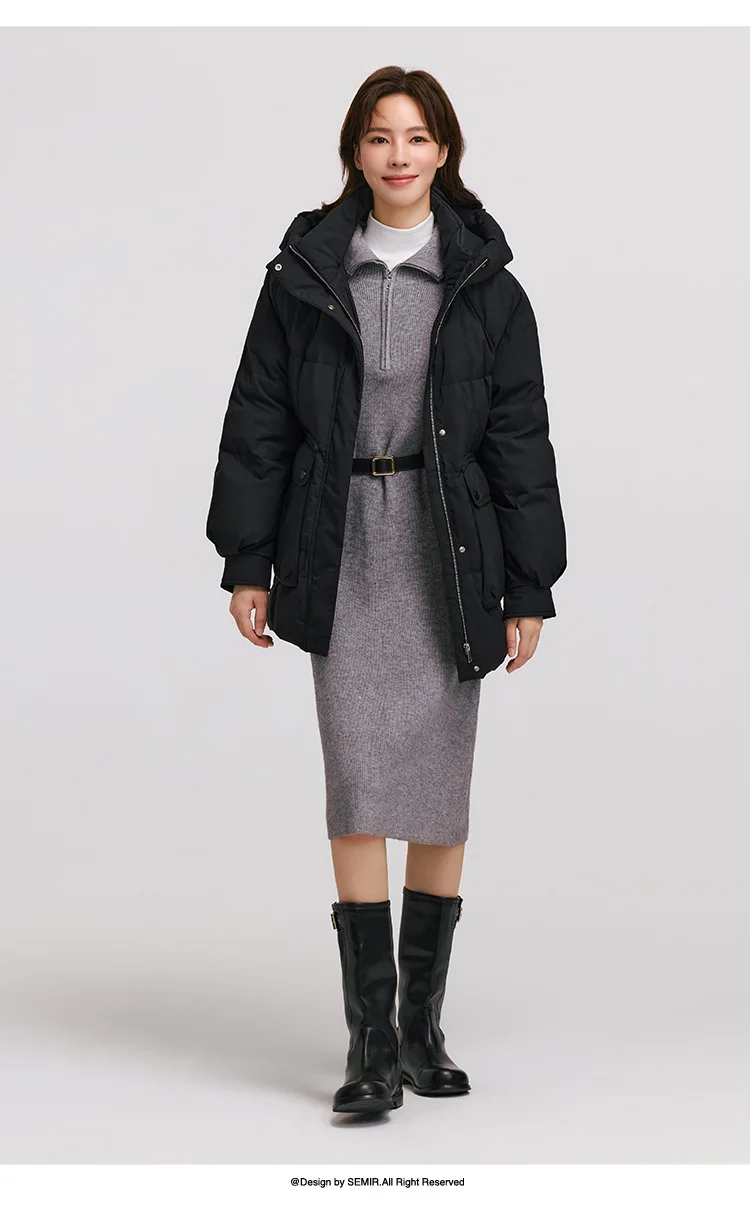 Down Jacket Women Mid-Length Loose Raglan Sleeve Simple Warm Winter Three-Defense Hooded Coat