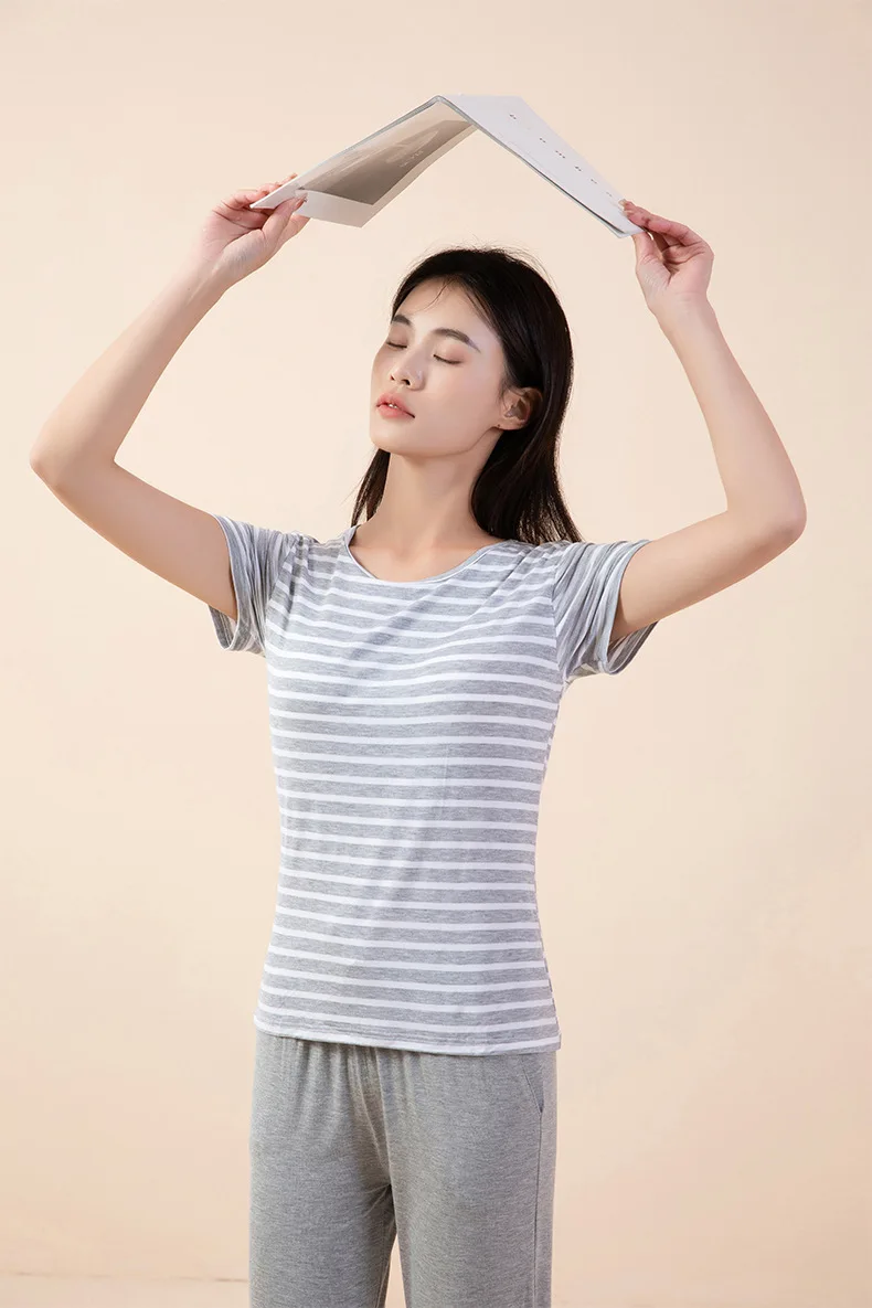 M-3XL Mode Gestreiften Drei Stücke Set Neue Modale Schlaf T-shirt + Shorts + Hose Hause Anzug Sommer Pyjamas Für Frauen nacht Kleidung – Detail 5