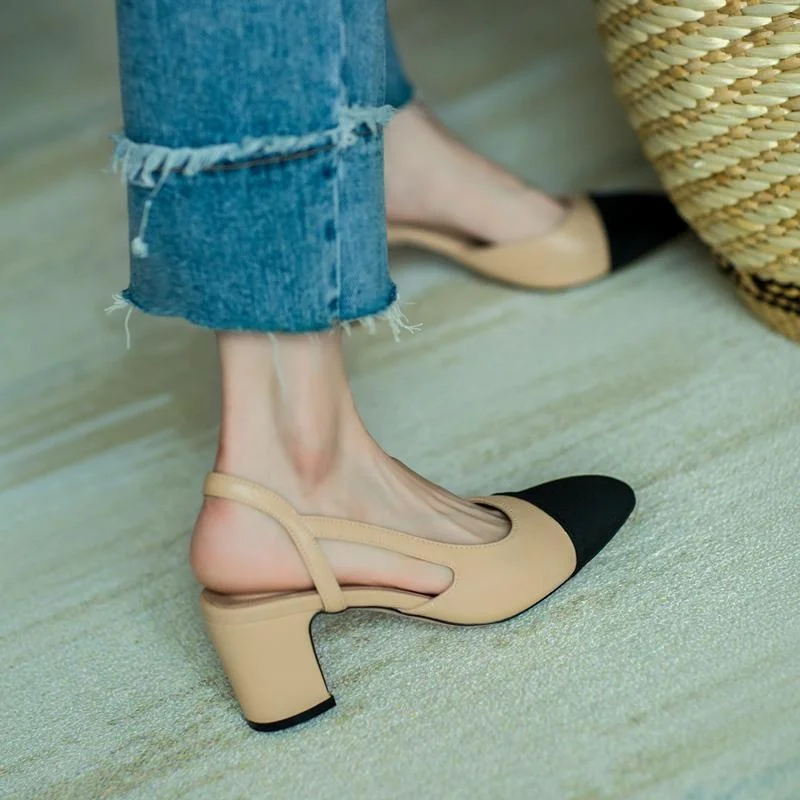 2023 New In Leather Women 39 Shoes Sandals Flat Bottom Color Hollow Thick Heel Chaussure Femme Zapatos Mujer Sandalias Sapatos 2