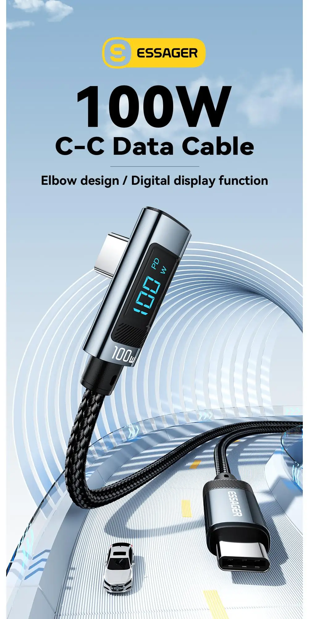 PD100W USB Type C to USB C Cable 5A Fast Charging Cable 90 ° LED Digital Display