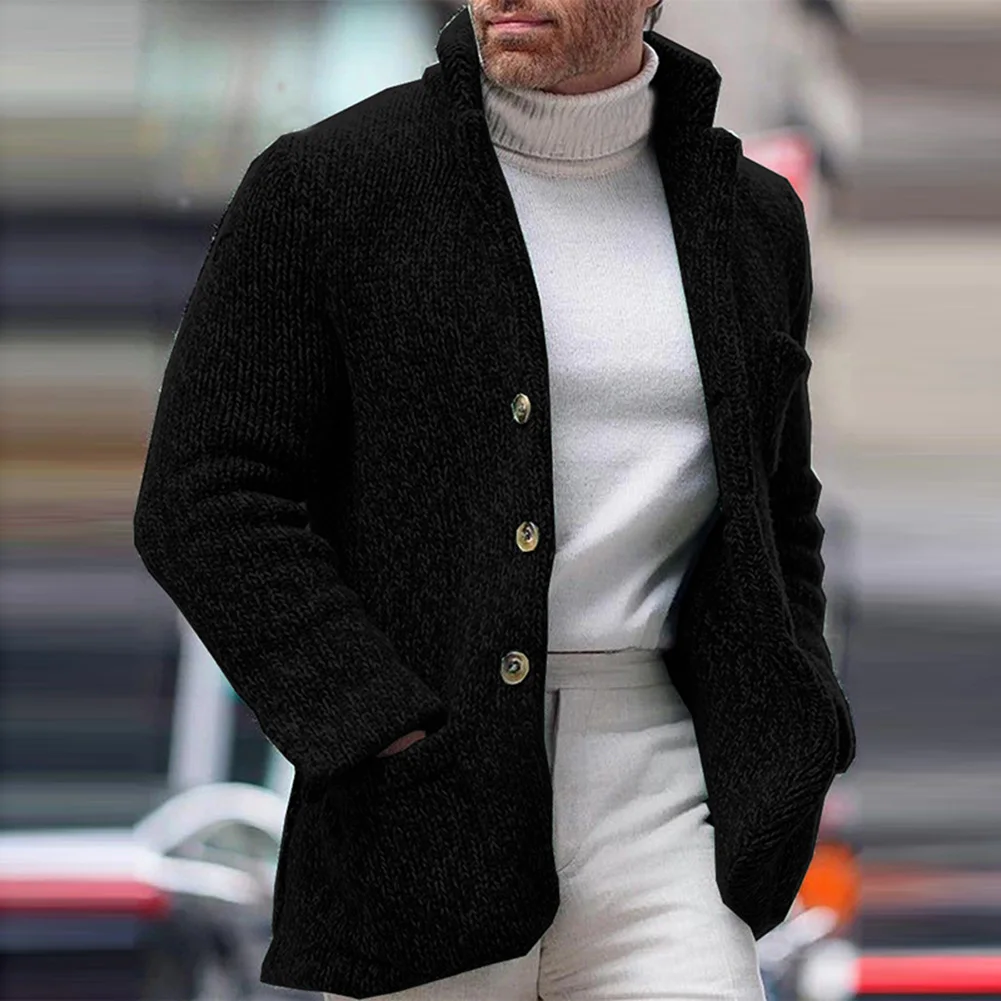 

Button Down Stand Collar Coat Men's Knitted Cardigan Sweater Long Sleeve Outwear Solid Color Jumper M 4XL Sizes