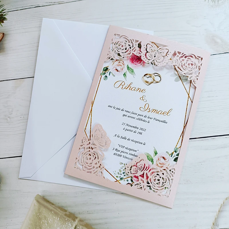 Luxury Floral Pocketstyle Wedding Invitation in White & Pink with