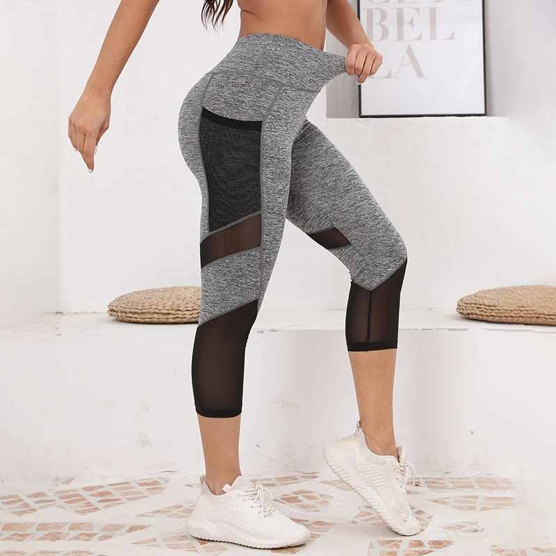 Mesh High Waist Yoga Pants Capri Leggings with Pockets for Women Tummy Control Workout Capri Leggings for Women