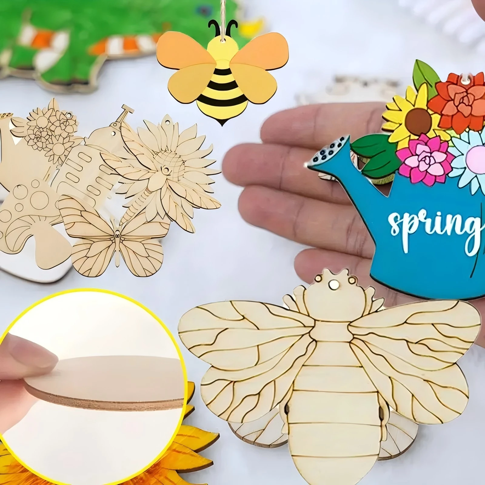 16PCS Spring Flower Wooden Hanging Ornament Craft Set 3