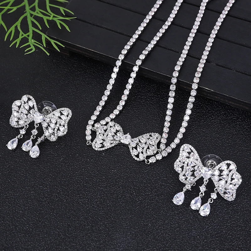 

Luxury Sweet Heart Bowknot Waterdrop Tassel Double Chain Necklace Earrings For Women Cubic Zirconia Bridal Jewelry Sets A0267