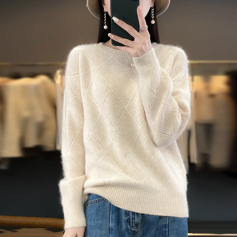 

DjzDsm 100% Mink Cashmere knitted o neck long sleeve jumper Fall and winter clothing Loose warm top sweater