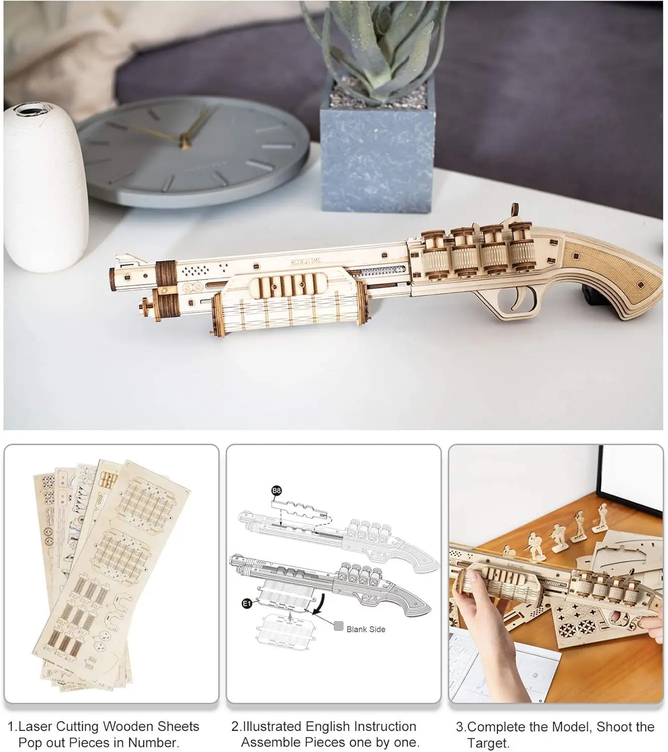 Robotime Rokr Corsac M60 Toy Gun 3D Wooden Puzzle Mechanical Building Model Kit for Children 14 Years Christmas gift 6