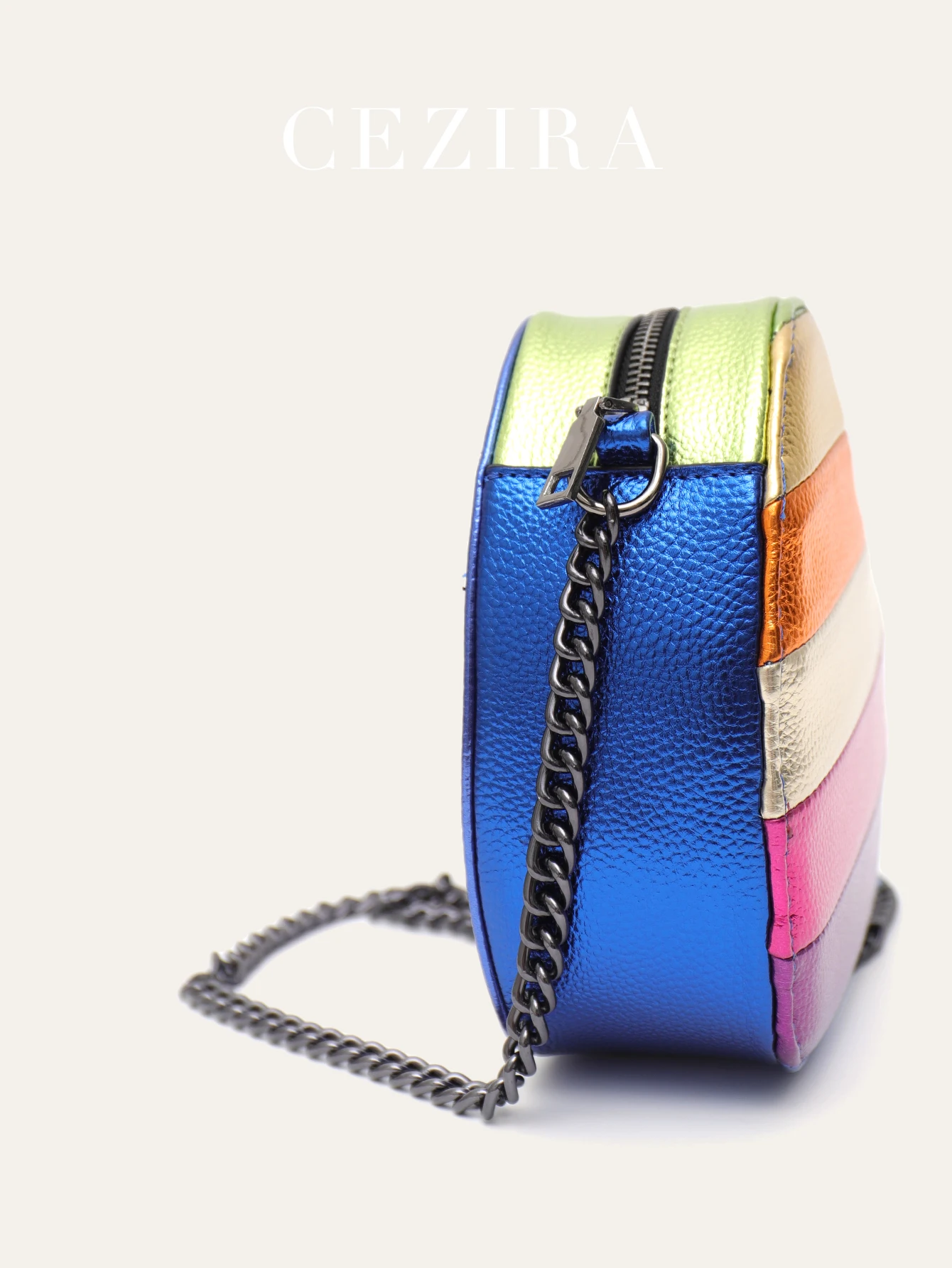 CEZIRA Luxury Heart Shaped Novelty Purse for Women Shiny PU Leather Colorful Stripes Handbags Metal Chain Shoulder Crossbody Bag