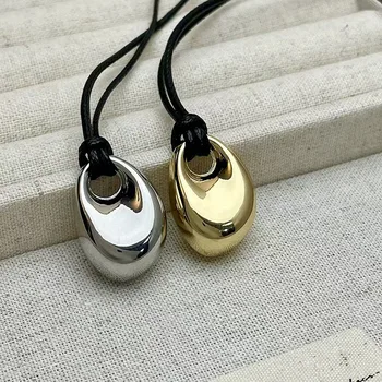 Korean Black Skin Rope Silver Color Bean Pendant Necklace For Women Men Jewelry 2025 Trending New Vintage Couples Necklace Gifts