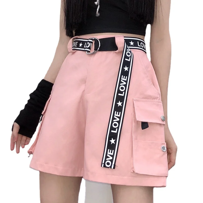 

Shorts Womens Summer Straight Pink White Cargo Loose Bf High Waist Korean Version Pockets Sashes Streetwear Harajuku New
