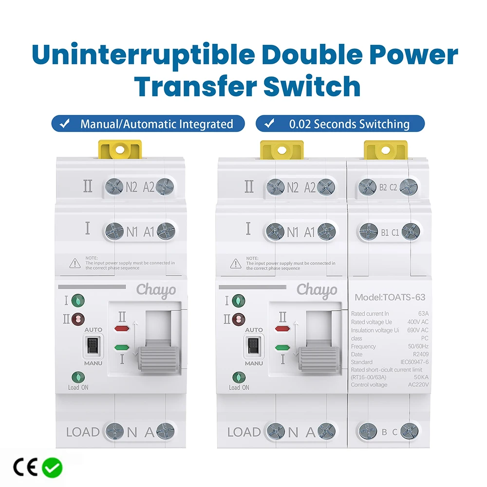 TONGOU Din Rail Dual Power Automatic Transfer Switch with Uninterrupted Power Supply, 110V/220V, 63A