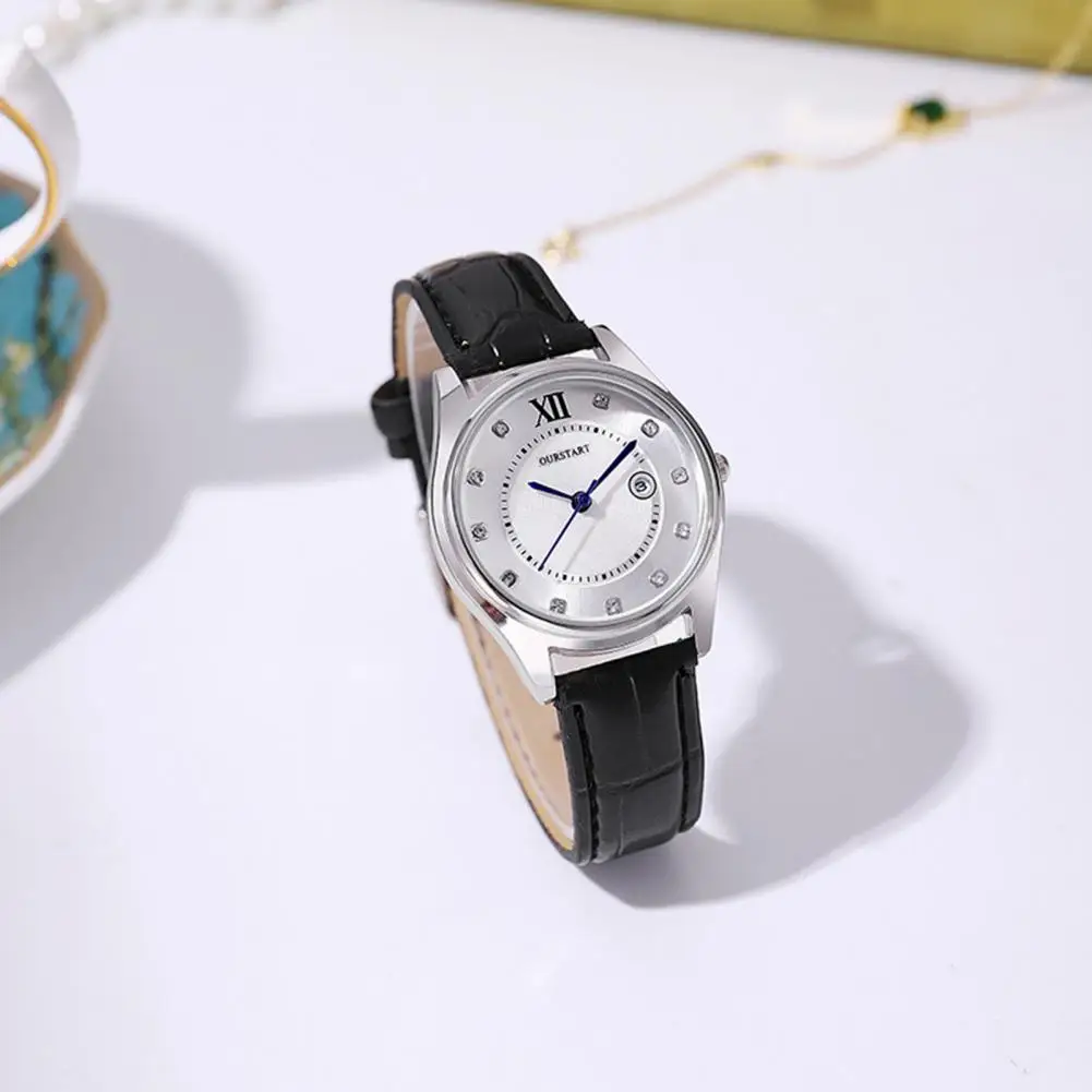 

Ladies Watch Stylish Rhinestone Decor Student Quartz Watch with Adjustable Faux Leather Strap Calendar High Accuracy for Dating