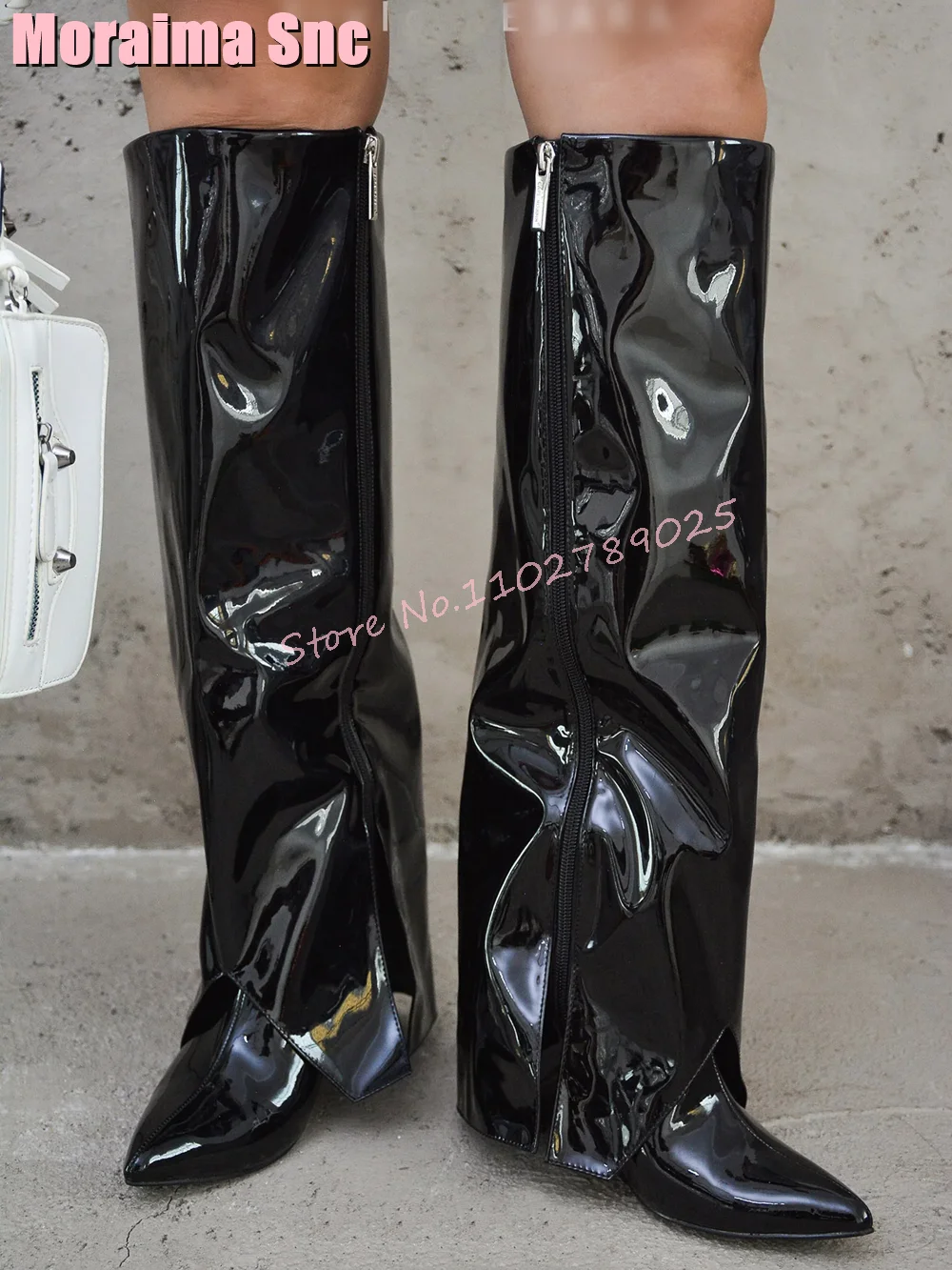 

Black Patent Leather Turned-Over-Edge Knee High Boots Pointed Toe Wedges Side Zipper Fashion Sexy Women Long Boots Winter 2023