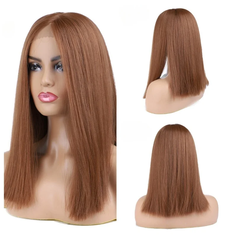 Blice Short Bob Lace Front Synthetic Hair Wigs Yaki Straight Free-Side for Women Brown Glueless Futura Silky Heat Resistant