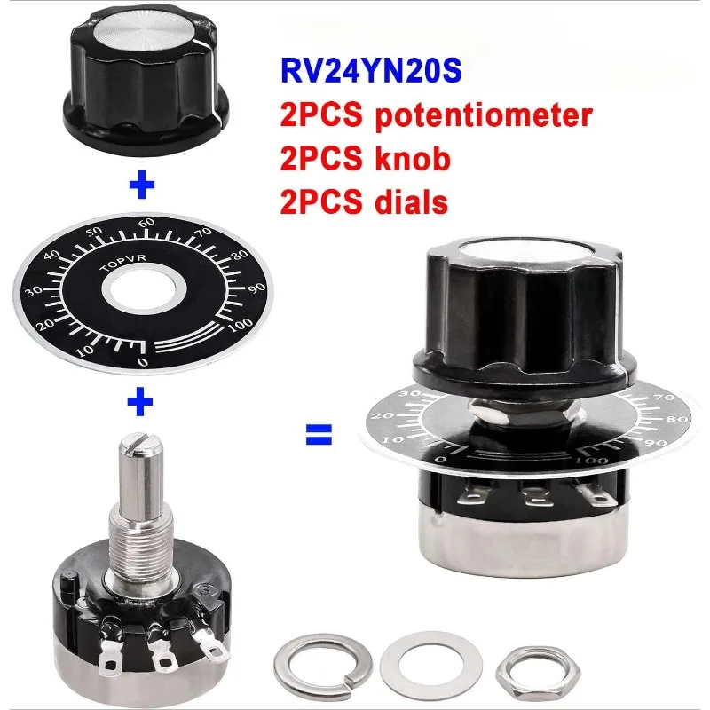 RV24YN20S 2Sets Carbon Film Potentiometer 1K 2K 5K 10K 20K 50K 100K 200K 250K 1M Ohm Single Rotary Taper With A03 Knob With Dial