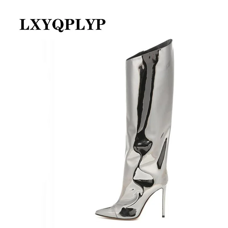 Thigh High Boots Candy Color Mirror Leather Women Knee High Boots Heels Stilettos Runway Shoes for Women Heel