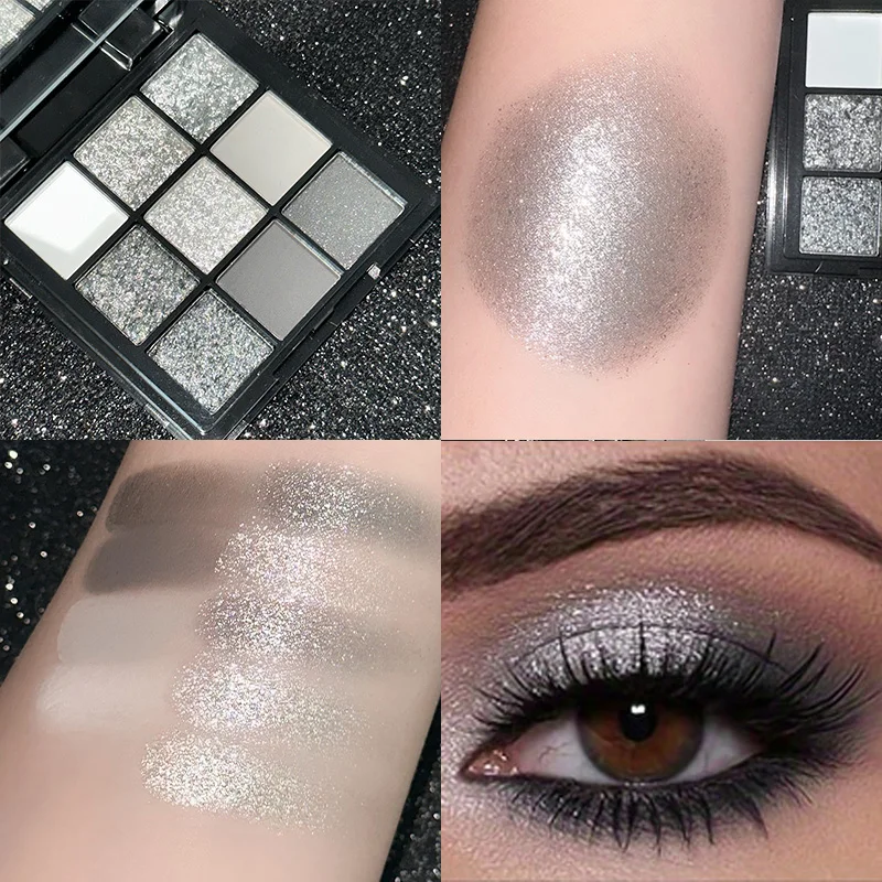 9 Colors Eye shadow Palette, Dark Black Grey Silvery Color