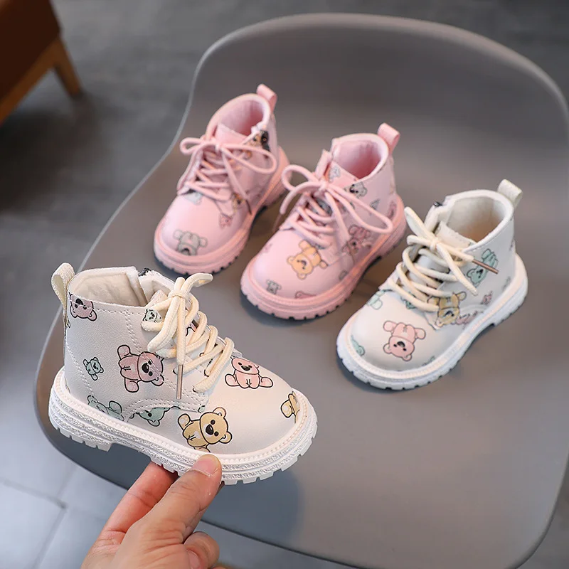 

Winter Printed Cute Cartoon Bear Warm Short Plush Baby Girls Snow Boots Fashion Lovely Princess Style Little Kids Riding Boots