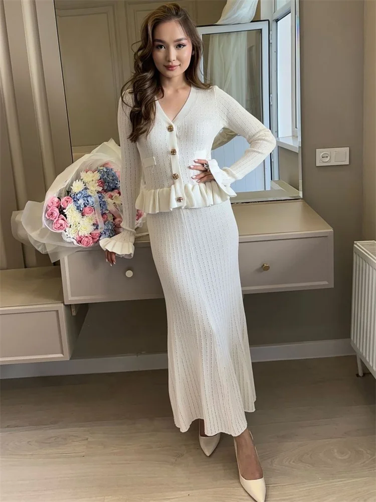 Autumn Knit 2 Piece-Set Long Skirt For Women V-Neck Ruffled Ribbed Elegant Party Looks Outfits Female Knitwear Slim Sets