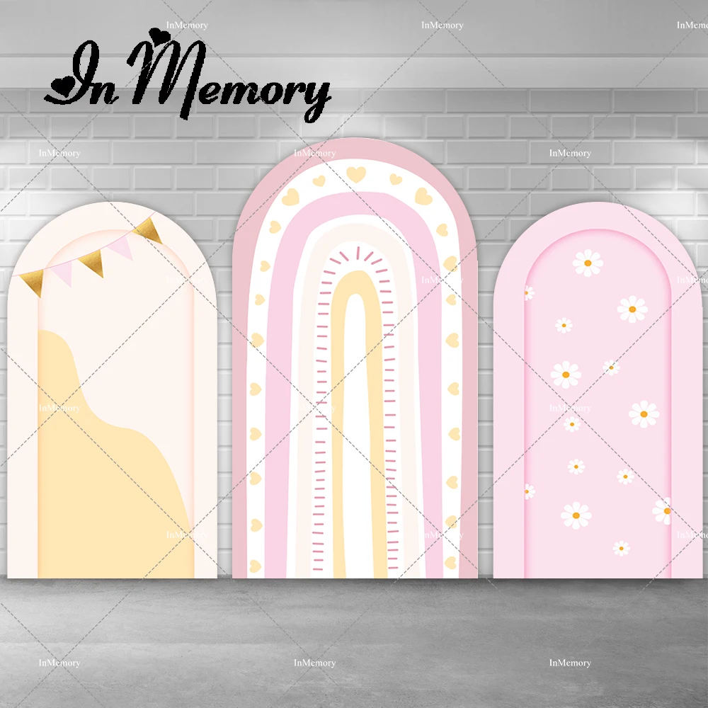 

Girls Boho Style Newborn Baby Shower 1st Birthday Party Arch Backdrop Rainbow Daisy Heart Chiara Backgrounds Cylinder Covers