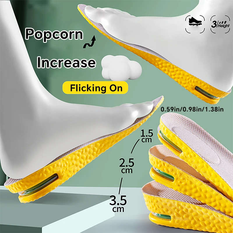 1 Pair New Yellow Height Increase Insoles Air Cushion Shock Absorption Shoe Cushion Pad Men Women High Elasticity Insoles