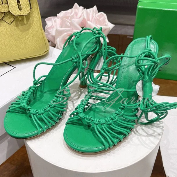 

Summer New Round Toe Cotton Thread Knitted High Heel Sandals Cowhide Hollow out Sexy Open Toe Cross Strap Women's Shoe Trend