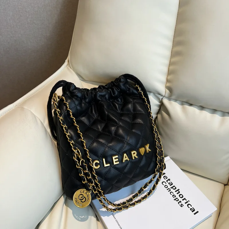 Fashion Women New Designer Luxury Rhombus Chain Shoulder Underarm Bag Advanced Texture Slung Bucket Bag