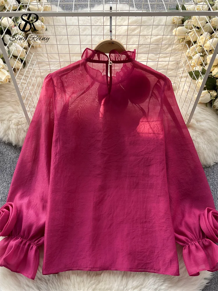 SINGREINY Ruffles Sweet Sheer Blouse O Neck Long Sleeves 3D