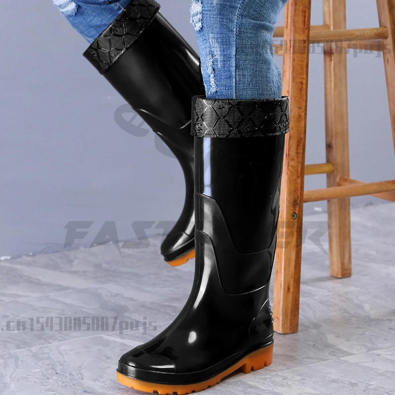 Black High Tube Rain Shoes Long Tube Rain Boots for Men Anti Slip Waterproof Fishing Shoes Outdoor Work