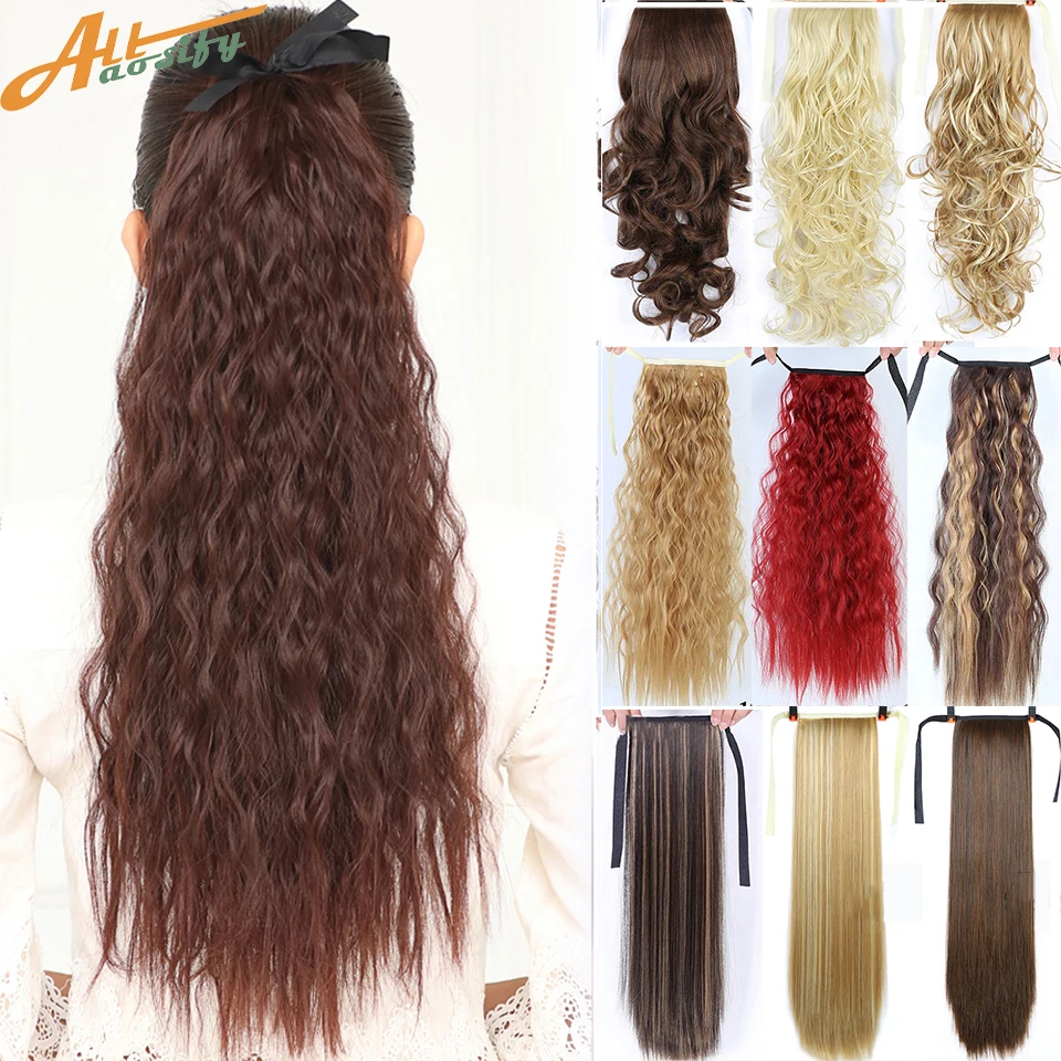 Allaosify Long Straight Clip In Hair Fake Hair Ponytail Hairpiece With Hairpins Synthetic Pony Tail Brown Extensions