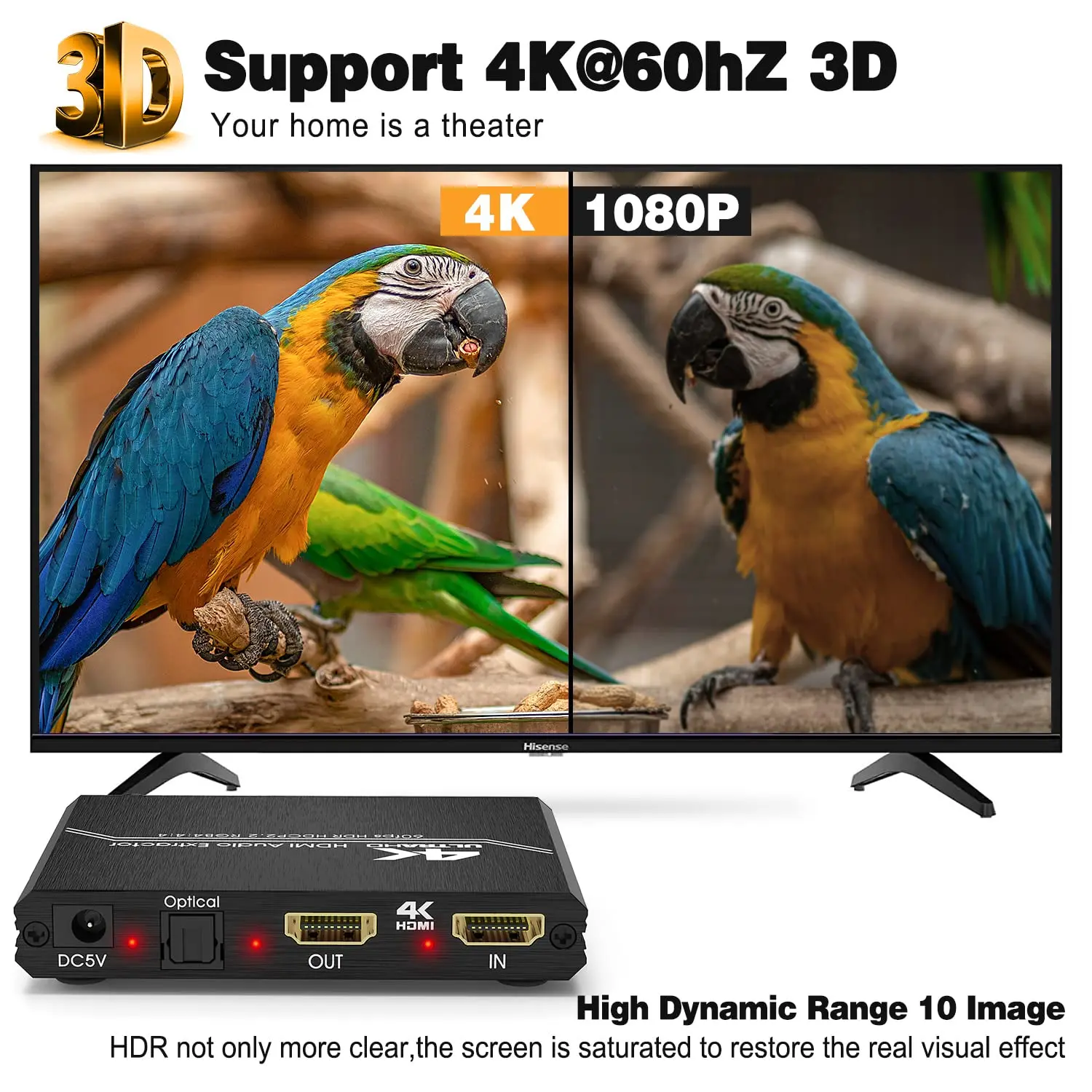 Фото 4K HDMI аудио экстрактор HDR HDMI 2,0 для оптического SPDIF + 3,5 мм стерео + RCA L/R аудио адаптер Поддержка 4K @ 60 Гц HDCP 2,2 YUV 4:4:4 №5