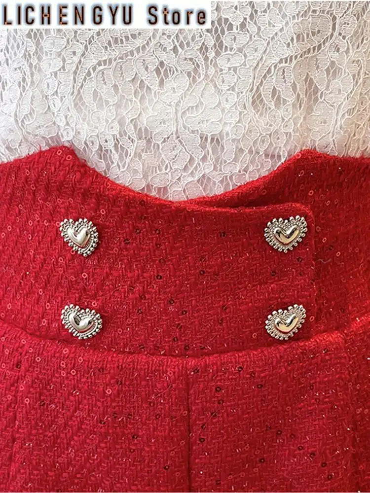 New Women Fashion Front Love Metal Buttons Tweed Shorts Vintage High Waist Woolen Female Short Pants Mujer