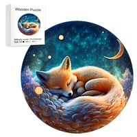 Sleeping Fox Round Wooden Puzzle Art, Uniquely Animal Shaped Pieces Wooden Toy, Christmas Gift Home Decor Family Game 1