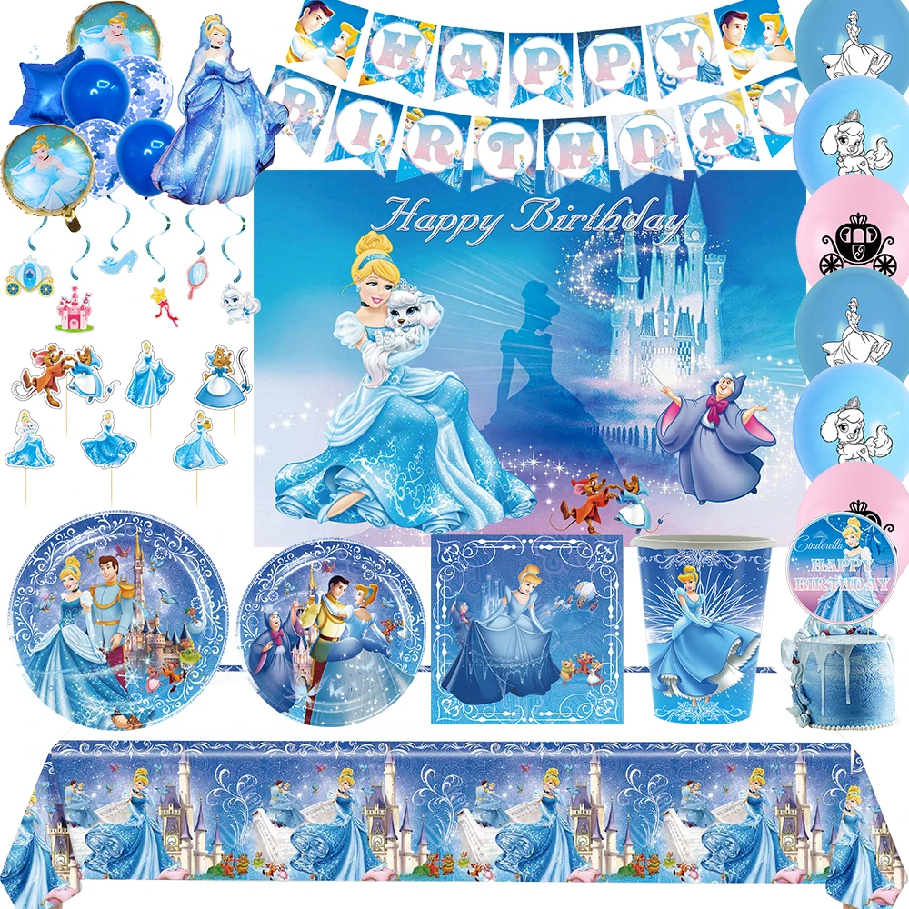 

Disney Princess Cinderella Theme Birthday Party Decoration Supplies Disposable Cutlery Balloon Background Baby Shower Kid Gift