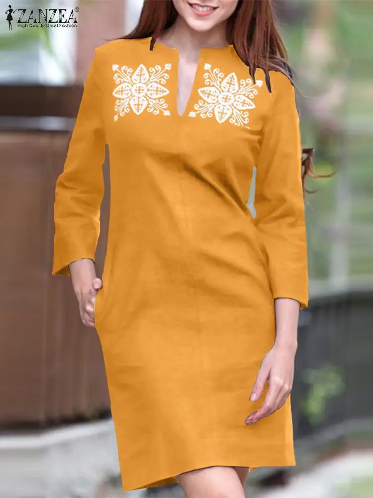 

ZANZEA Oversized Short Vestidos Vintage Printed Dress Women Summer 3/4 Sleeve 2023 Fashion Casual V Neck Loose Mini Sundress