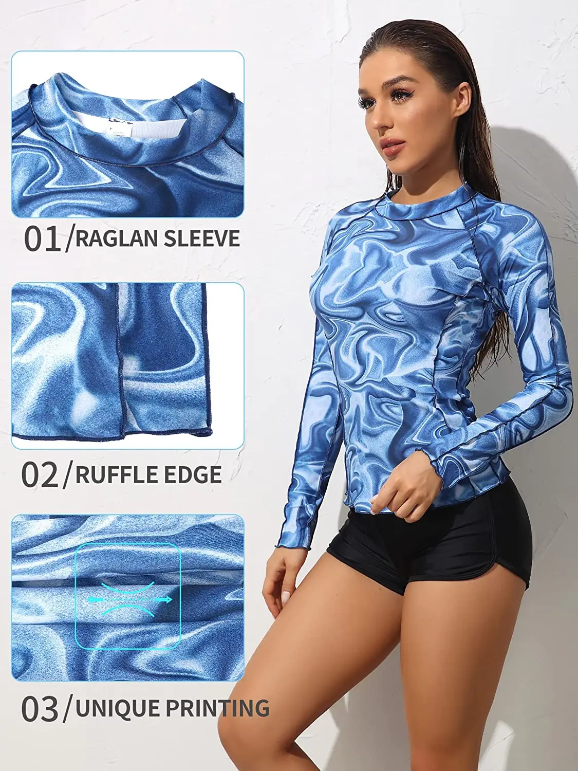 Rash Guard Women Quick Dry Breathable Wave Print Surfing Tops UPF 50+ Crew Neck Long Sleeves