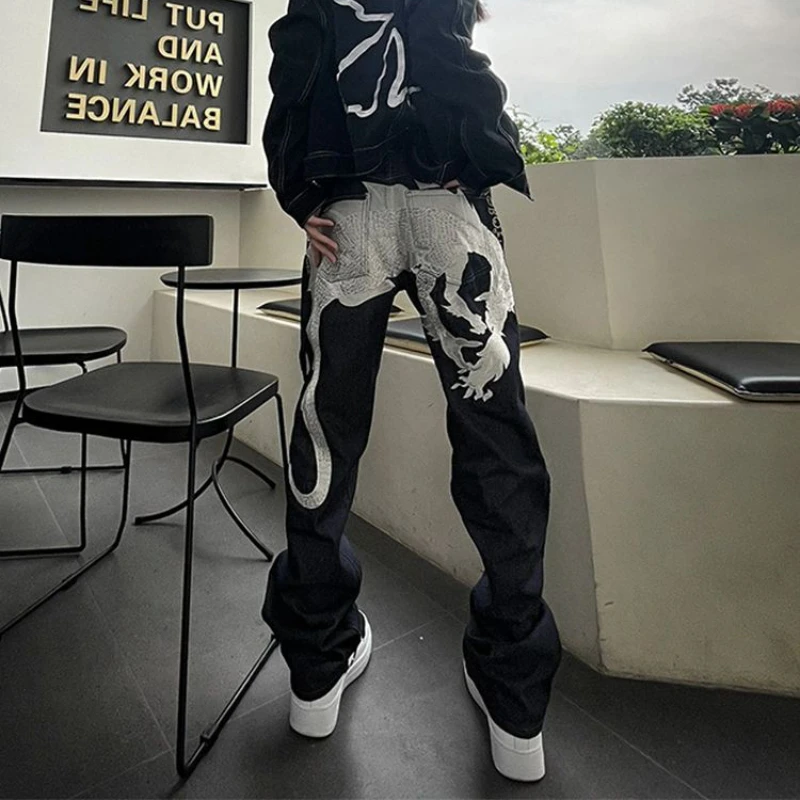 

Silver Dragon Embroidery Baggy Jeans Women High Street Retro Punk Women Jeans Casual Wide Legs High Waisted Jeans Woman Pants