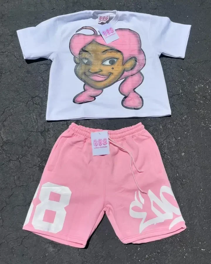 thumbnail image 1 of Conjunto de dos piezas Y2k, nueva camiseta y pantalones cortos con estampado de dibujos animados para hombres y mujeres, camiseta con estampado de algodón, pantalones cortos casuales estilo Harajuku y, 1 of 5