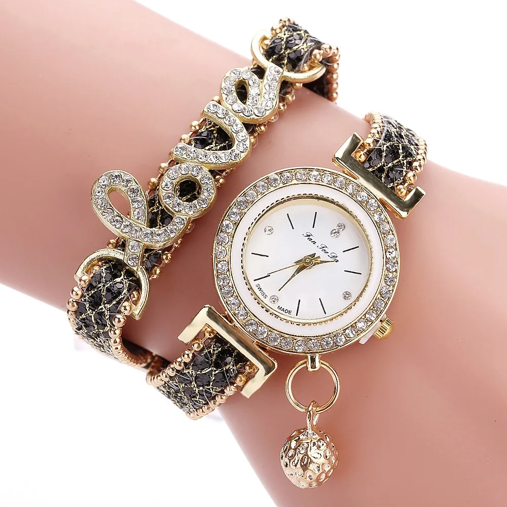 FanTeeDa Top Brand Women Bracelet Watches Ladies Love Leather Strap Rhinestone Quartz Wrist Watch Luxury Fashion Quartz Watch 