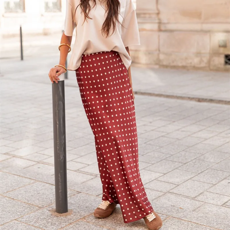 Women Polka Dot Maxi Skirt Elegant Bodycon A Line Flare Long Skirts Cute Dots Print Flowy Maxi Satin Skirt Vintage Streetwear 5