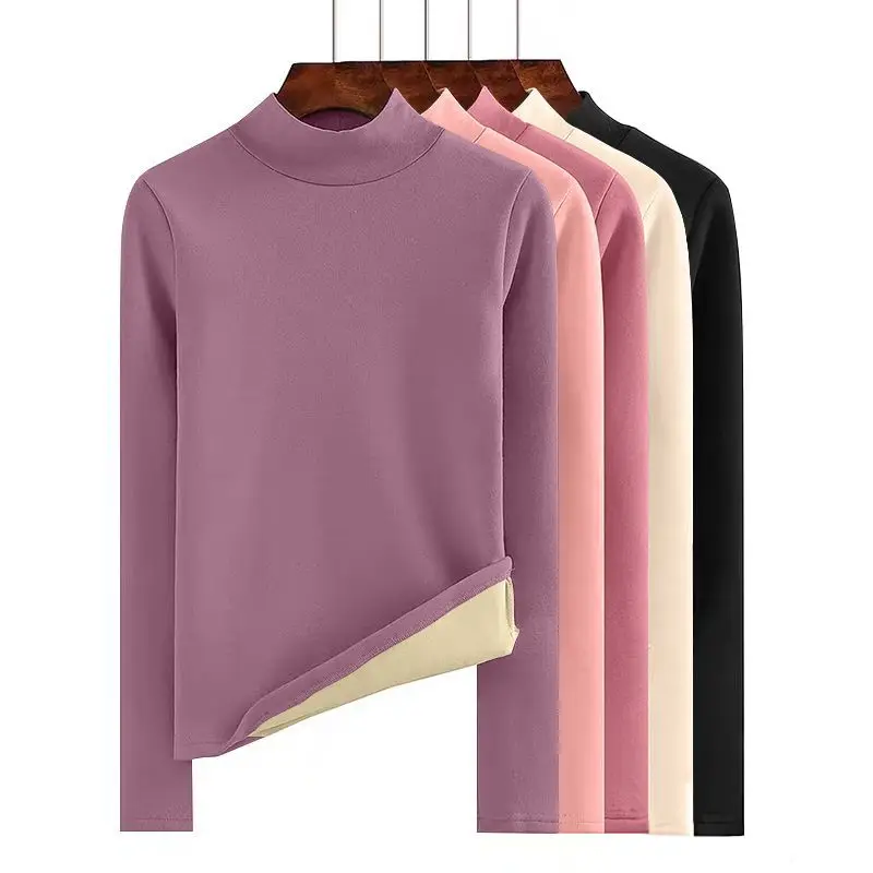 قميص قاعدة من صوف الضأن مع صوف سميك ساخن من ألياف الخريف بأكمام طويلة تي شيرت شتوي جديد للسيدات قطع علوية دافئة بقصة ضيقة