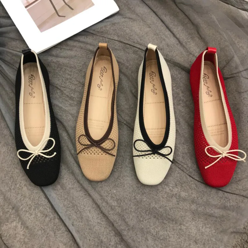 

GCYCG Women Retro Flats French Red Ballet Shoes Bow Knit Lazy Grandma Shoes Shallow Mouth Egg Roll Scoop Loafers Mujer
