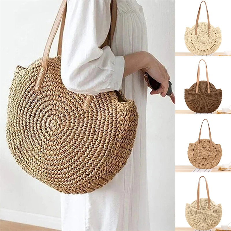 

Round Straw Beach Vintage Handmade Women Boho Woven Shoulder Bag Raffia Circle Rattan Bags Bohemian Summer Vacation Casual Bags